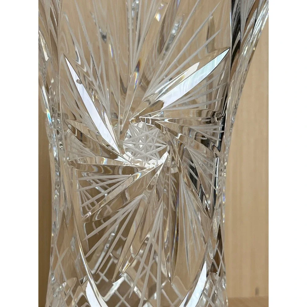 Vintage Bohemian Crystalex Cut Glass Vase Pinwheel Starburst Clear Crystal 12in